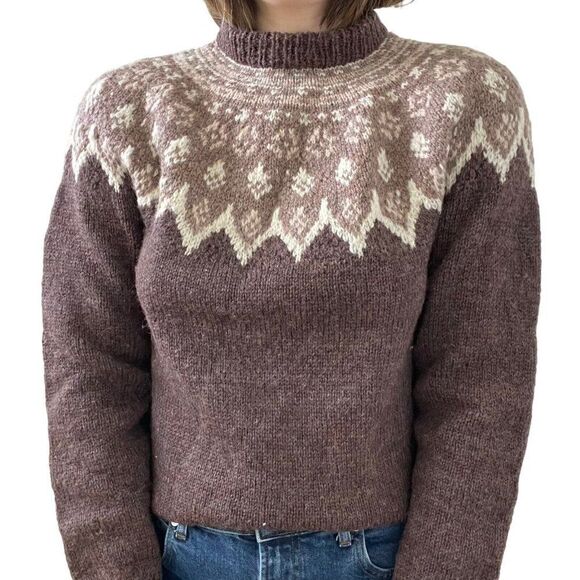 Vintage Womens Hand Knit 100% Wool Brown Fair Isle Scandinavian Sweater Sz M - Picture 5 of 10
